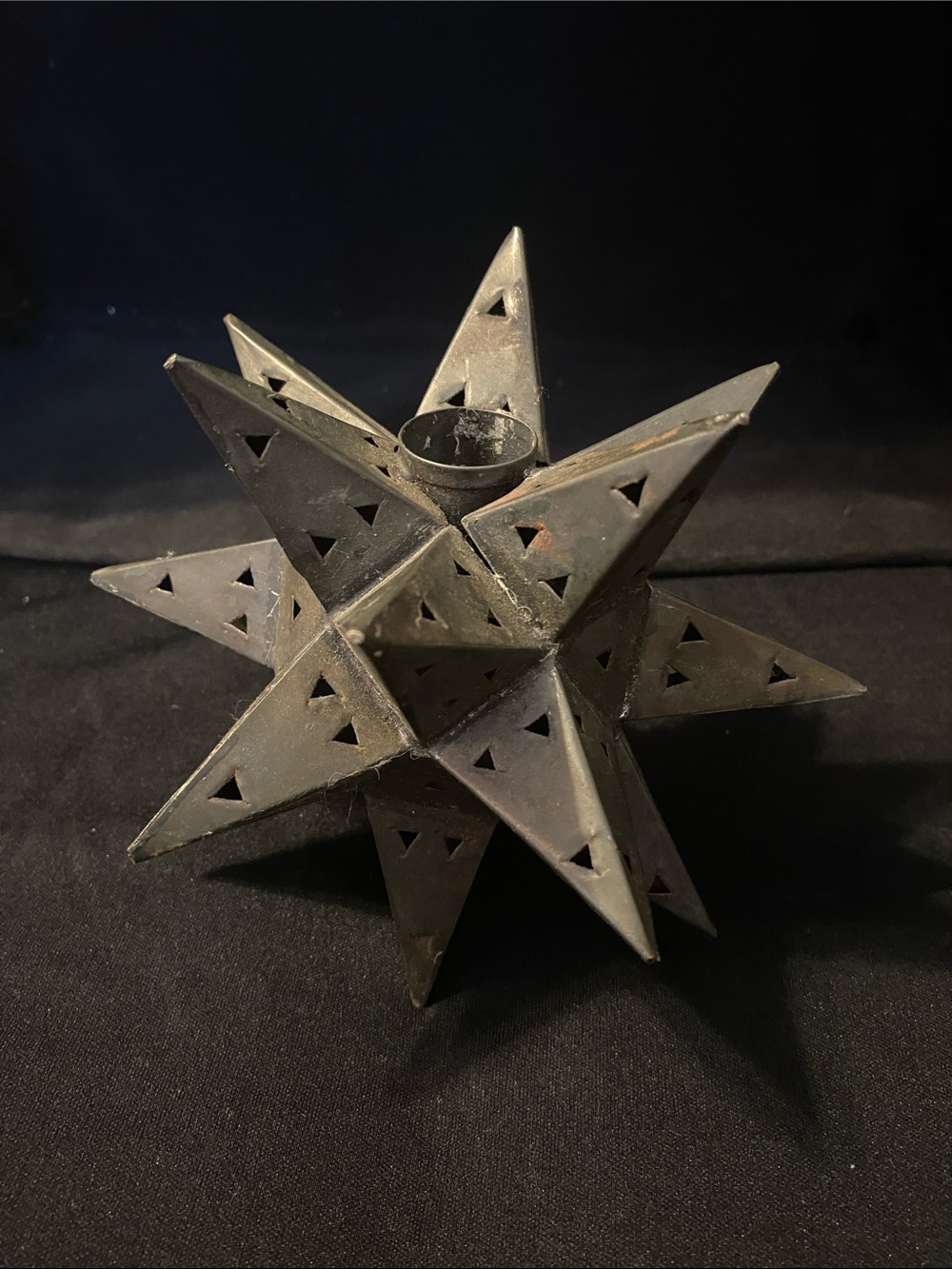Vintage multi-pointed punched metal Moravian-style Star Celestial Candle holder